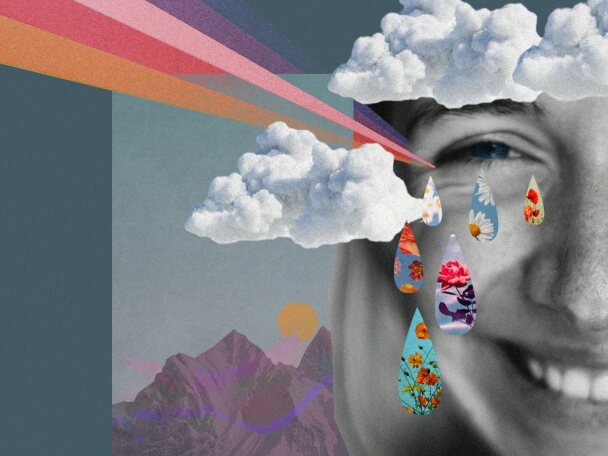 Collage: Berge, Regenbogen, Frau - Gesicht, Tropfen, Wolken